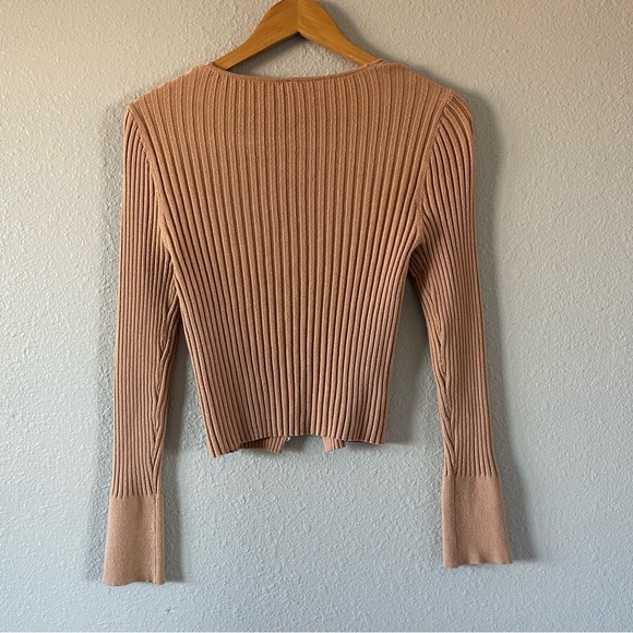 Tan Ribbed Cardigan Pearl Button Sweater Neutral Knit Layering Womens Size Large - Picture 4 of 4